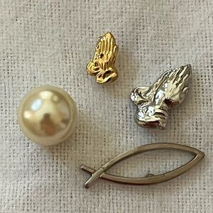 Tie tack lapel pin set Pearl Praying Hands Fish